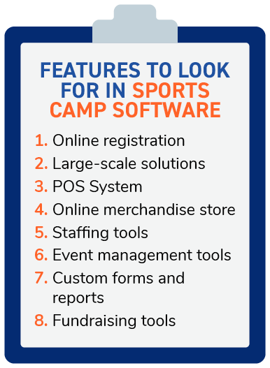 This clipboard-style image lists the features to look for in sports camp software, which are outlined in the text below.